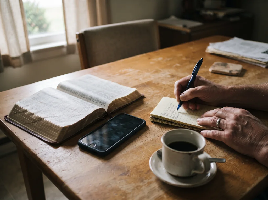 Una Bibbia aperta accanto a un telefono, di mattina