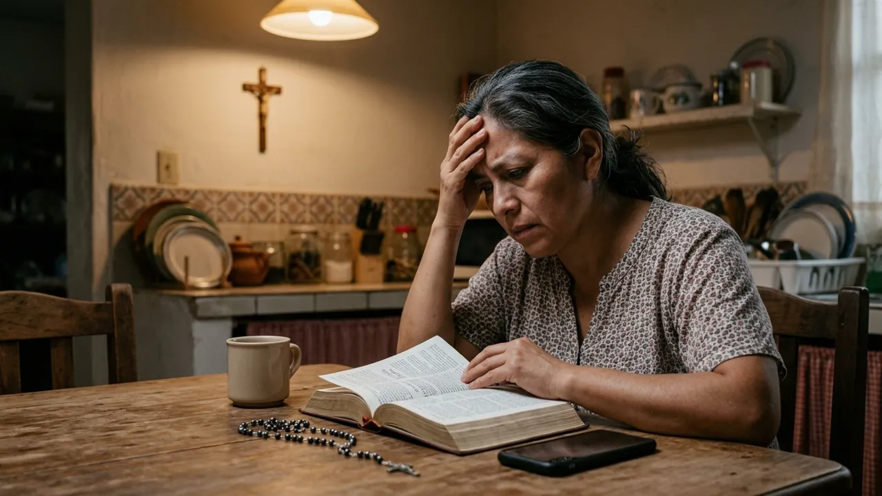 Una donna al tavolo della cucina rilegge la stessa pagina della Bibbia senza riuscire a capirla